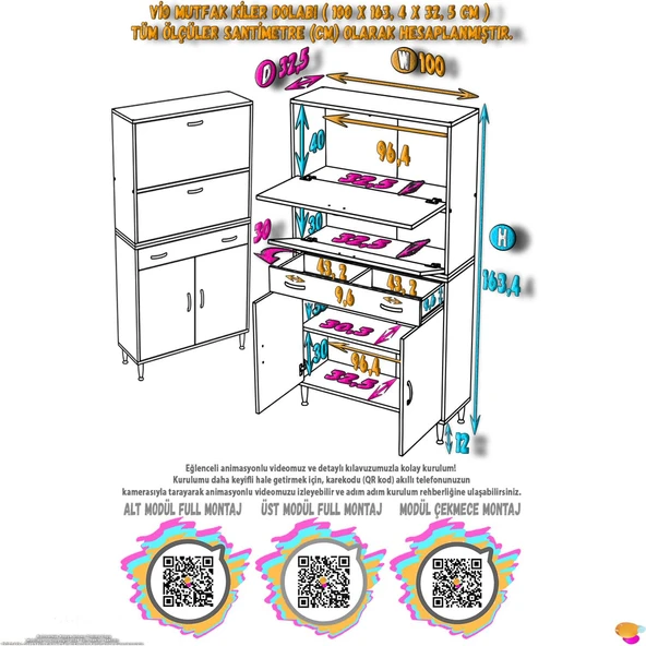 Eliusta  Solaira 100 cm Genişlik Kapaklı Mutfak Dolabı 4 Kapaklı, Çekmeceli Çok Amaçlı Mutfak/Banyo Dolabı - Resim 2