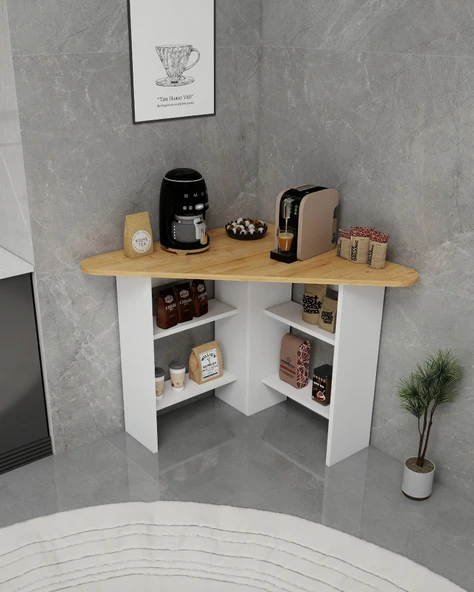 Arnetti Corner Kahve Köşesi Çok Amaçlı Raflı Mutfak Masası Safirmeşe Beyaz ürün görseli 1