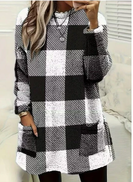 Kadın Uzun Kollu Yarı Balıkçı Yakalı Cep Detaylı Ekoseli Dokuma Tunik - Resim 3