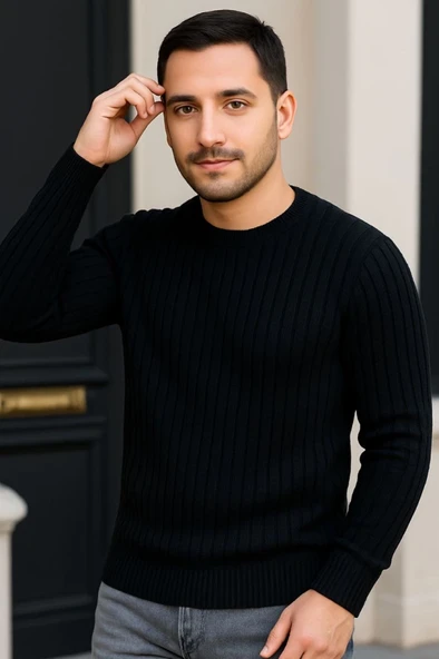 Erkek Fitilli Triko Kazak 3lü Set Bej Gri Siyah Regular Fit Bisiklet Yaka Triko Seti Kazak Modeli - Resim 2