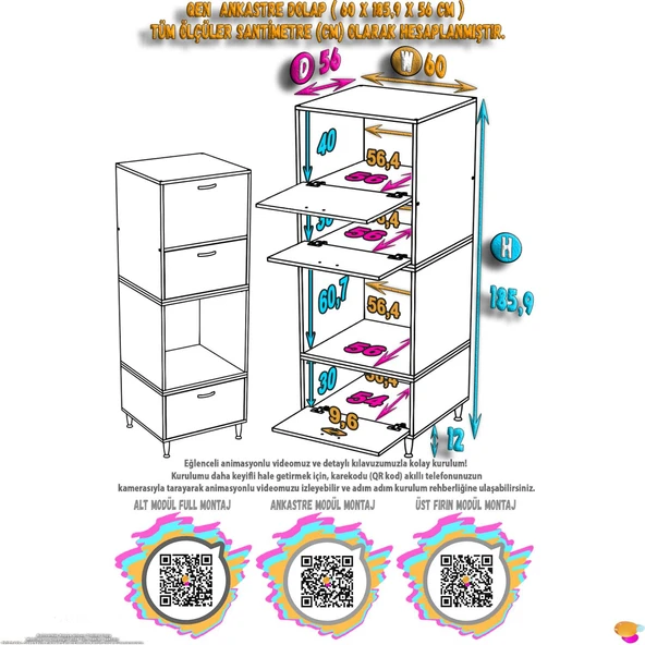 Eliusta  Luno 3 Kapaklı  Fırın Dolabı  4 Bölme Dolap 60x185,9x56 cm Geniş Kapasiteli Saklama Dolabı - Resim 2