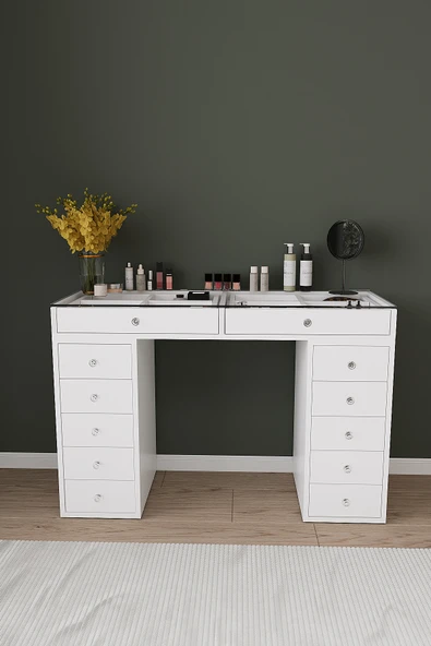 DF02116B Beyaz Geniş Organizer Bölmeli Çekmeceli Makyaj Masası 120 cm - Resim 2