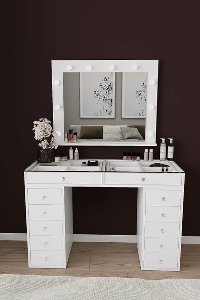 DF02115B Hollywood Işıklı Makyaj Masası 20 cm Çekmeceli, Bölmeli, Aynalı - Resim 2