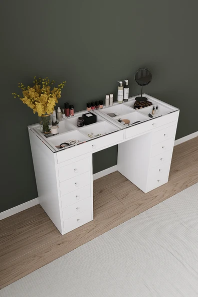 DF02116B Beyaz Geniş Organizer Bölmeli Çekmeceli Makyaj Masası 120 cm - Resim 3