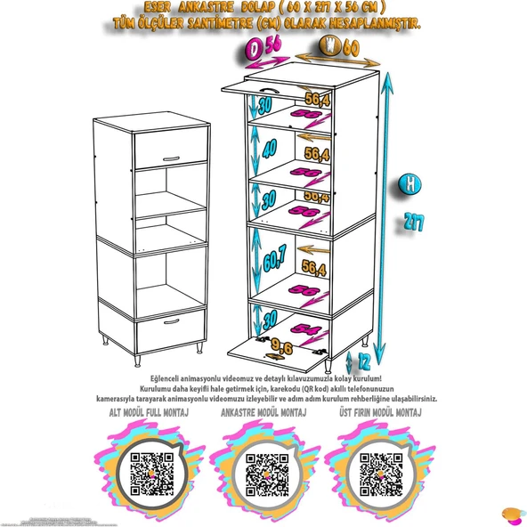 Eliusta  Viramo Mikrodalga/Ankastre Fırın Dolabı Çoklu Bölmelerle Depolama Alanlı 60x217x56 cm - Resim 2