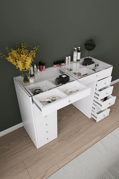 DF02116B Beyaz Geniş Organizer Bölmeli Çekmeceli Makyaj Masası 120 cm - Resim 4