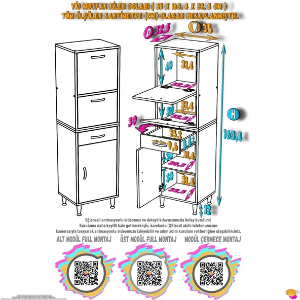 Eliusta  Solaira 35 cm Genişlik Kapaklı Mutfak Dolabı 3 Kapaklı, Çekmeceli Çok Amaçlı Mutfak/Banyo Dolabı - Resim 2