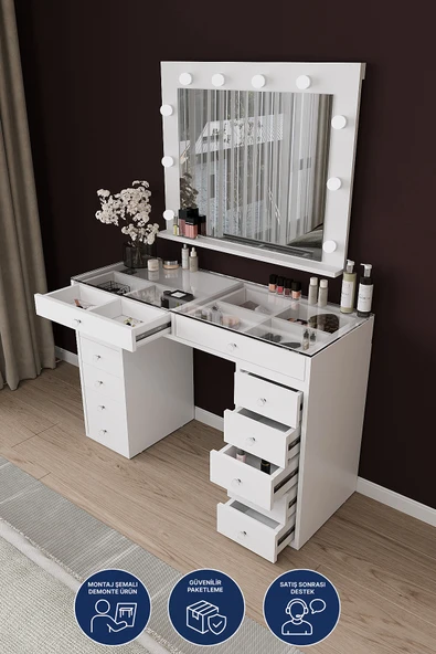 DF02115B Hollywood Işıklı Makyaj Masası 20 cm Çekmeceli, Bölmeli, Aynalı ürün görseli 1