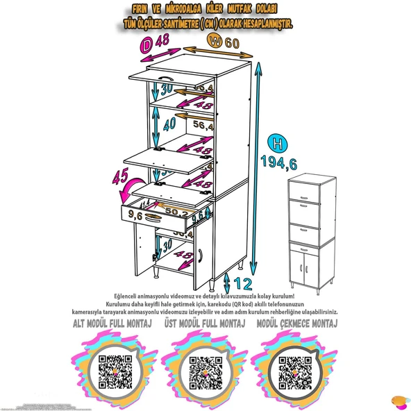 Eliusta  Ora 48 cm Derinlikte Beyaz Mutfak/Kiler Dolabı 60x194x48 cm 1 Çekmece 5 Kapak Modüler Dolap - Resim 2