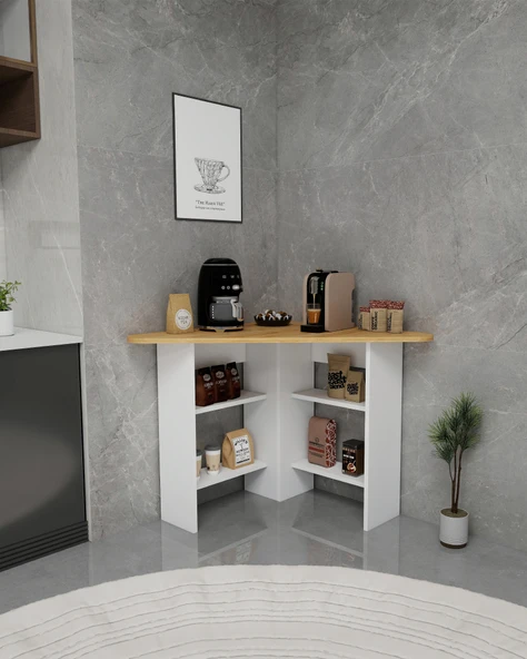 Arnetti Corner Kahve Köşesi Çok Amaçlı Raflı Mutfak Masası Safirmeşe Beyaz - Resim 2