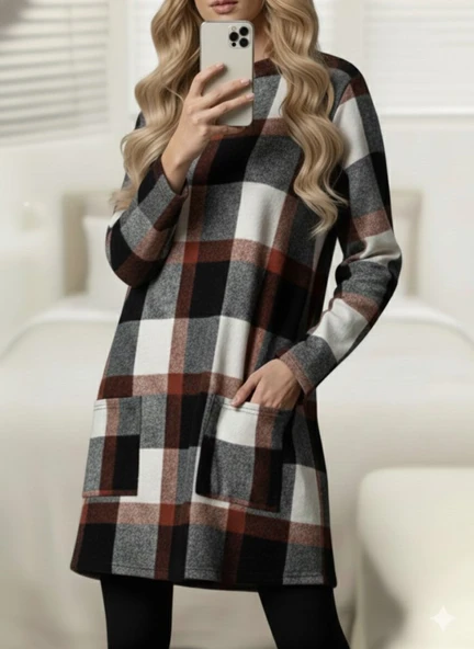 Kadın Uzun Kollu Yarı Balıkçı Yakalı Cep Detaylı Ekoseli Dokuma Tunik ürün görseli 1