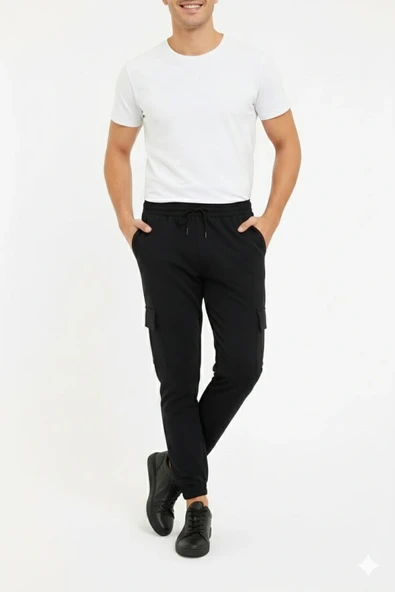 Erkek Siyah Jogger Eşofman Altı Rahat Kalıp, Kargo Cepli, Lastikli Paça, Günlük Spor Pantolon - Siyah - Resim 2