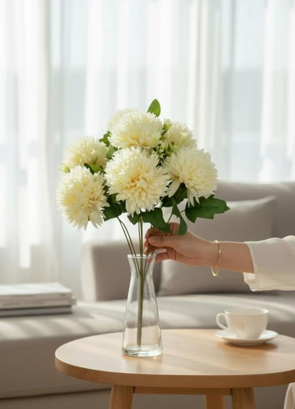 Yapay Çiçek Krizantem Krem Renk Kartopu Büyük Boy 7 Toplu 40cm - Resim 6