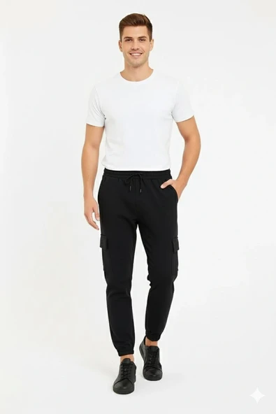 Erkek Siyah Jogger Eşofman Altı Rahat Kalıp, Kargo Cepli, Lastikli Paça, Günlük Spor Pantolon - Siyah - Resim 3
