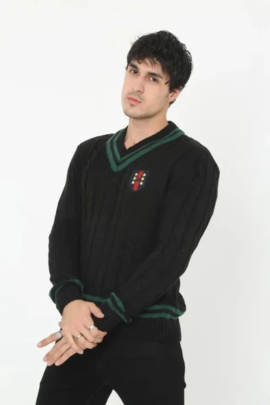 Erkek V Yaka Örgülü Kazak - Siyah - Resim 2