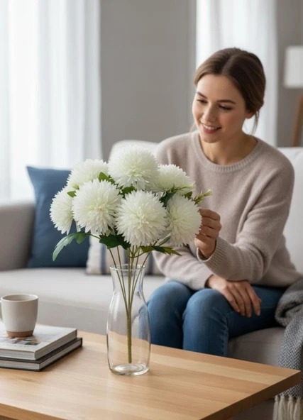 Yapay Çiçek Krizantem Beyaz Renk Kartopu Büyük Boy 7 Toplu 40cm - Resim 3