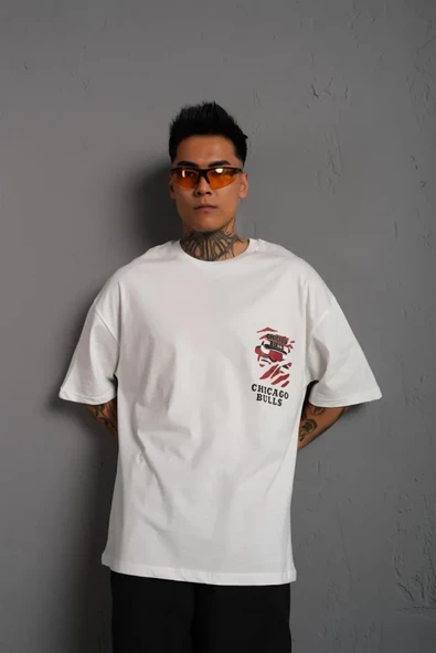 Erkek Sırt Baskılı A Kalite Oversize T-shirt - Beyaz - Resim 3