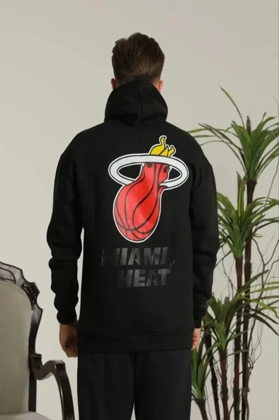 Erkek Oversize Üç İplik Kapüşonlu Sweatshirt –Sırt Ve Ön Baskılı, Kanguru Cepli, Rahat Kalıp Maskot Desenli Model - Siyah - Resim 2