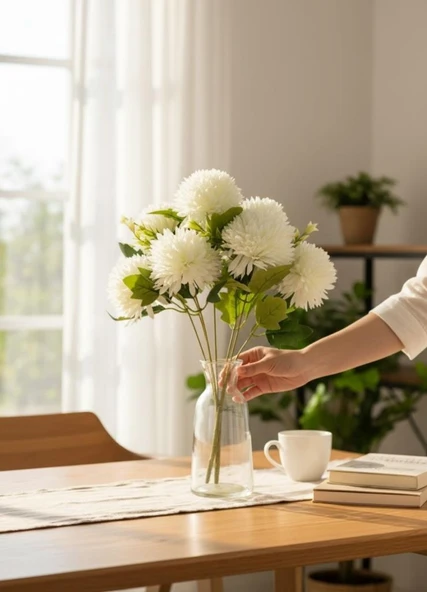 Yapay Çiçek Krizantem Beyaz Renk Kartopu Büyük Boy 7 Toplu 40cm - Resim 8