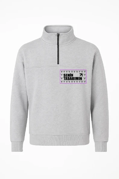 Ön Yarım Fermuarlı Oversize Yakalı Basic SweatShirt - Gri - Resim 2