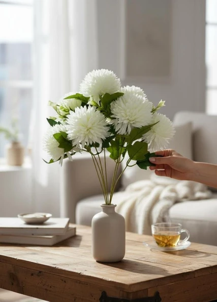 Yapay Çiçek Krizantem Beyaz Renk Kartopu Büyük Boy 7 Toplu 40cm - Resim 5