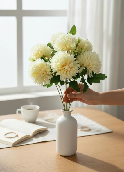 Yapay Çiçek Krizantem Krem Renk Kartopu Büyük Boy 7 Toplu 40cm - Resim 8