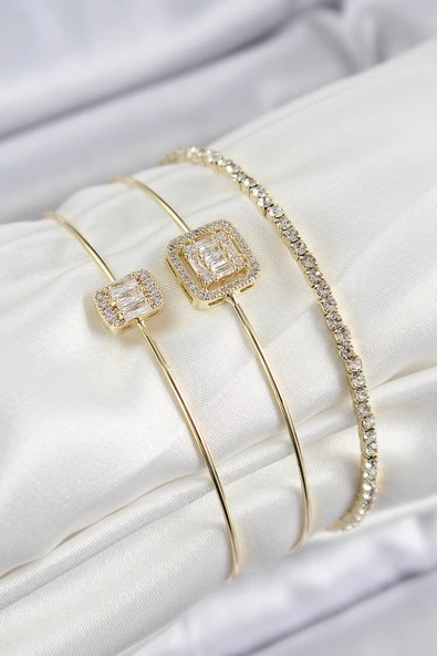 Pirinç Zirkon Taşlı Baget Model Gold Renk Vip 3'lü Kadın Bileklik EB-53-vice/(1395) 0432 ürün görseli 1