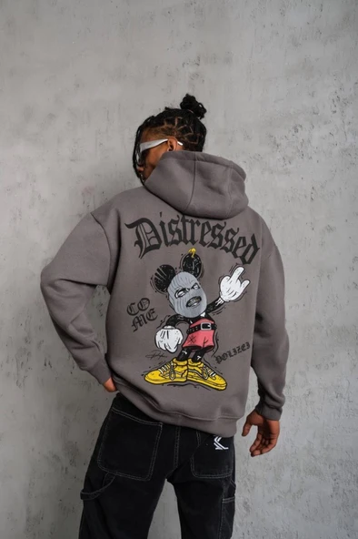 Erkek Üç İplik Baskılı Kapüşonlu Sweat - Gri ürün görseli 1