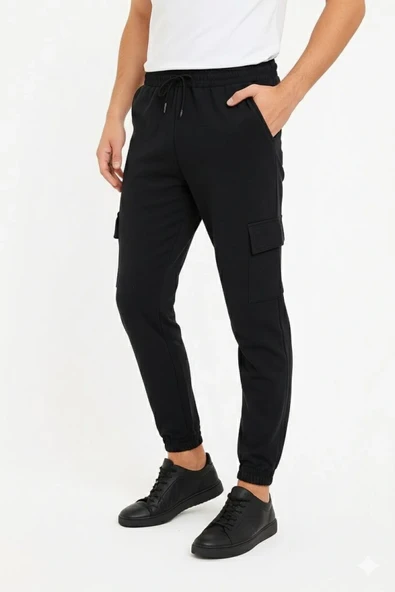 Erkek Siyah Jogger Eşofman Altı Rahat Kalıp, Kargo Cepli, Lastikli Paça, Günlük Spor Pantolon - Siyah ürün görseli 1