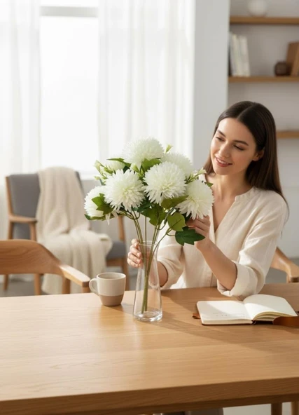 Yapay Çiçek Krizantem Beyaz Renk Kartopu Büyük Boy 7 Toplu 40cm - Resim 7