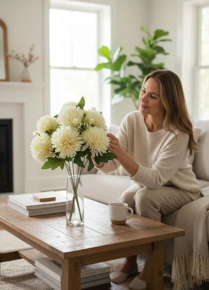 Yapay Çiçek Krizantem Krem Renk Kartopu Büyük Boy 7 Toplu 40cm - Resim 7