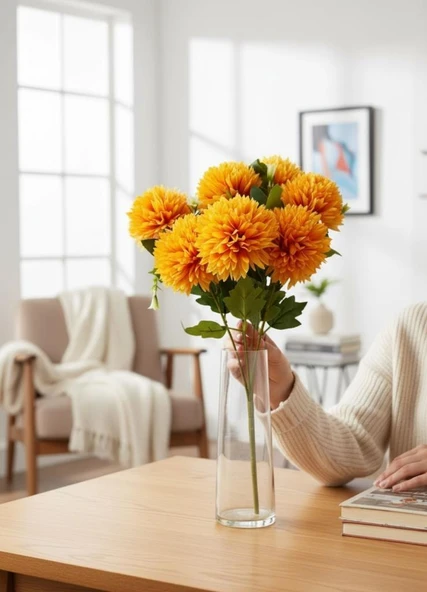 Yapay Çiçek Krizantem Beyaz Renk Kartopu Büyük Boy 7 Toplu 40cm - Resim 3