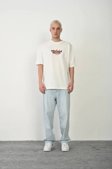 Unisex Bisiklet Yaka Baskılı Oversize T-Shirt - Beyaz ürün görseli 1