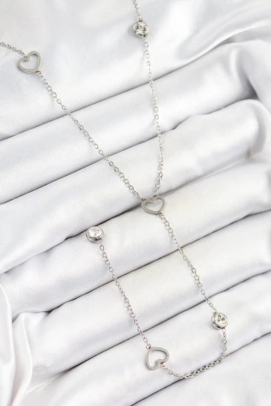 316L Çelik Zirkon Taşlı Kalp Figürlü Y Model Gümüş Renk Kadın Kolye EB-53-vice/(1395) 0370 ürün görseli 1