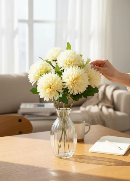 Yapay Çiçek Krizantem Krem Renk Kartopu Büyük Boy 7 Toplu 40cm - Resim 4