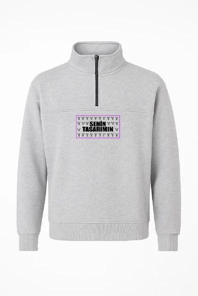 Ön Yarım Fermuarlı Oversize Yakalı Basic SweatShirt - Gri ürün görseli 1