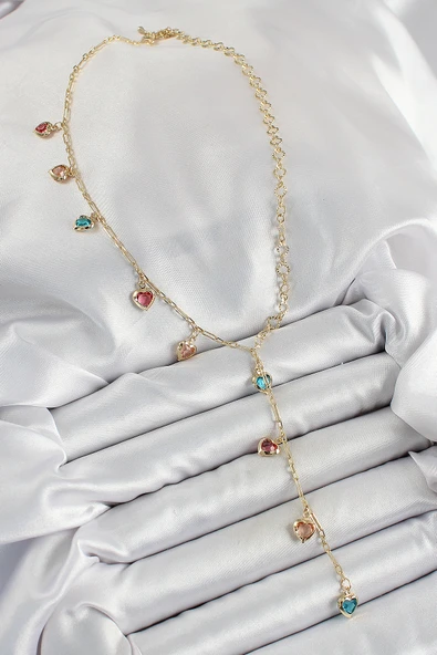 Pirinç Asorti Kalp Model Gold Renk Zirkon Taşlı Y Kolye EB-53-vice/(1395) 0140 - Resim 2