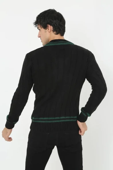 Erkek V Yaka Örgülü Kazak - Siyah - Resim 3