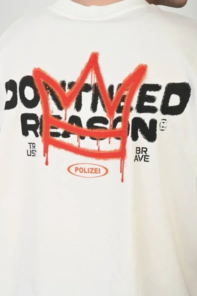 Unisex Bisiklet Yaka Baskılı Oversize T-Shirt - Beyaz - Resim 2