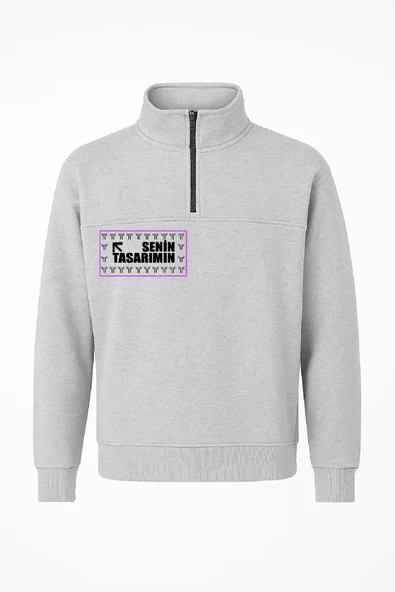 Ön Yarım Fermuarlı Oversize Yakalı Basic SweatShirt - Gri - Resim 3