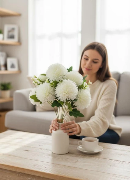 Yapay Çiçek Krizantem Beyaz Renk Kartopu Büyük Boy 7 Toplu 40cm - Resim 4