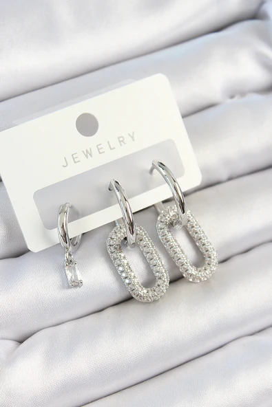 Pirinç Zirkon Taşlı Dikdörtgen Model Gümüş Renk 3'lü Çift Kadın Küpe Set EB-53-vice/(1395) 0384 ürün görseli 1