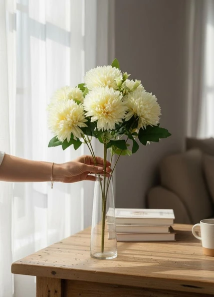 Yapay Çiçek Krizantem Krem Renk Kartopu Büyük Boy 7 Toplu 40cm - Resim 5