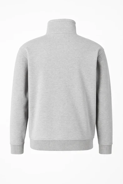 Ön Yarım Fermuarlı Oversize Yakalı Basic SweatShirt - Gri - Resim 4