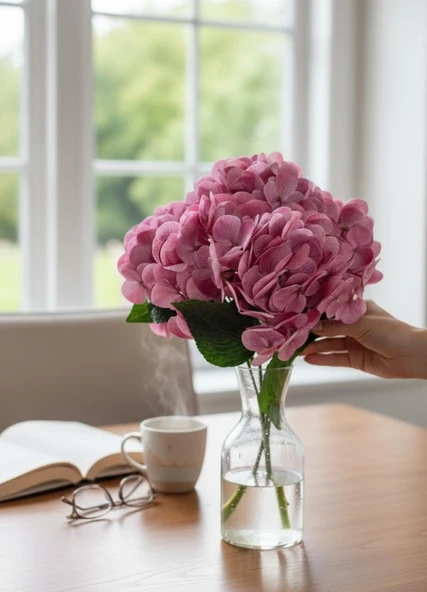 Yapay Çiçek Islak Ortanca Çiçeği Pembe Koyu 45cm 5Dal Islak Gerçeksi Dokulu - Resim 3