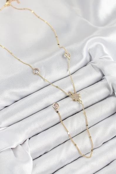 Pirinç Zirkon Taşlı Kutup Yıldızı Model Gold Renk Y Kolye EB-53-vice/(1395) 0880 - Resim 2