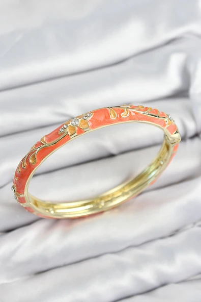 Mineli Pirinç Zirkon Taşlı Turuncu Çiçek Motifli Gold Kadın Kelepçe EB-53-vice/(1395) 0795 ürün görseli 1