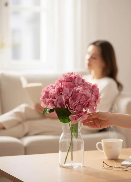 Yapay Çiçek Islak Ortanca Çiçeği Pembe Koyu 45cm 5Dal Islak Gerçeksi Dokulu - Resim 7