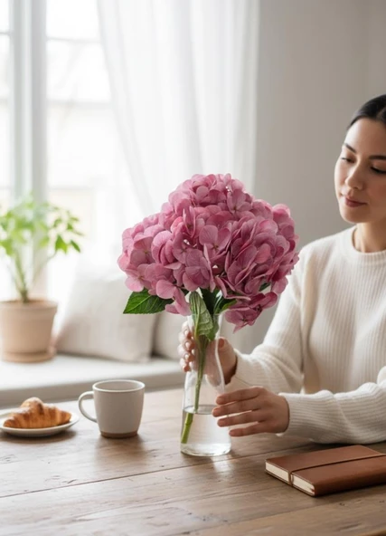 Yapay Çiçek Islak Ortanca Çiçeği Pembe Koyu 45cm 5Dal Islak Gerçeksi Dokulu - Resim 4