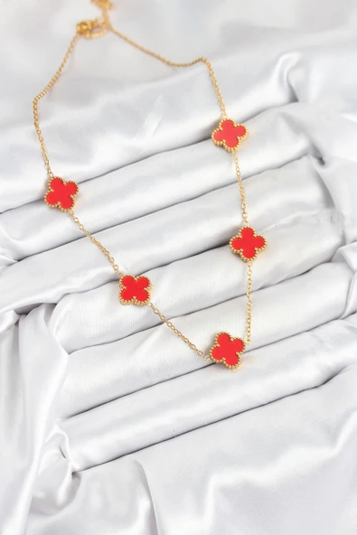 316L Çelik Zincir Gold Kırmızı Renk Yonca Kadın Kolye EB-53-vice/(1395) 1257 - Resim 2